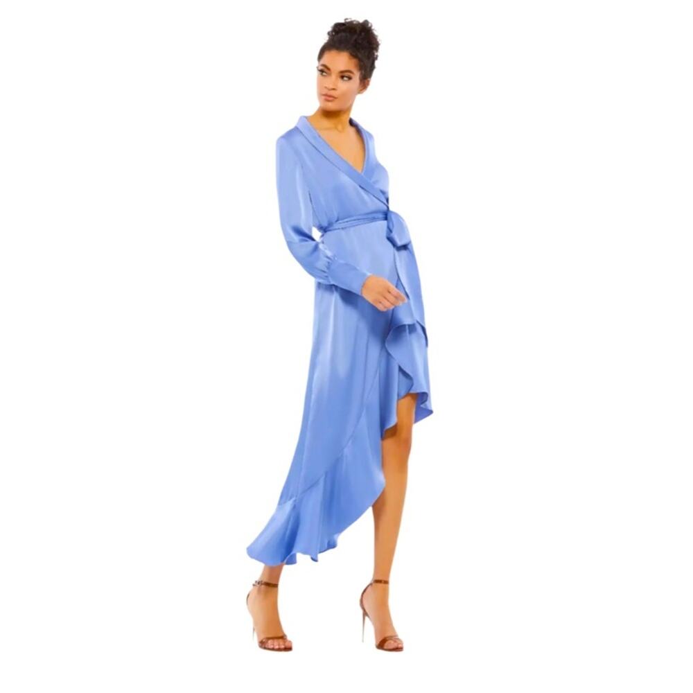 MAC DUGGAL Blue Long Sleeve Faux Wrap Midi Dress Size 12 NWT